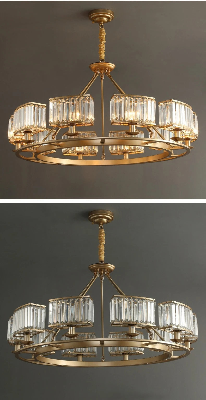 Gold chandelier with crystal-like glass shades on a dark gray background