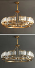 Gold chandelier with crystal-like glass shades on a dark gray background