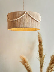 Jute Drum Pendant Light with Natural Wood Beads Accent