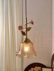 Gold Ceramic Flower Pendant Light with Glass Shade