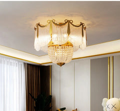 Gold Crystal Tiered Flush Mount Chandelier with Draped Beaded Strands