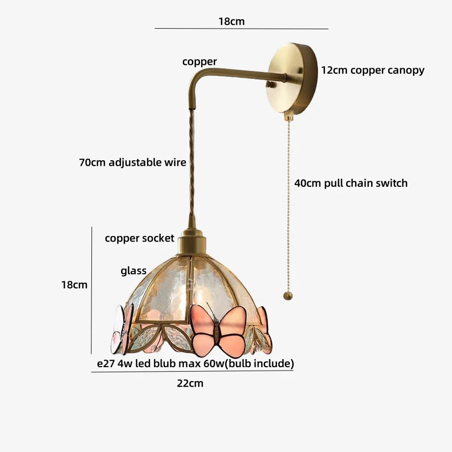 Pendant light with labeled dimensions and parts on a white background