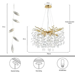 Chandelier with dimensions and installation instructions on a white background