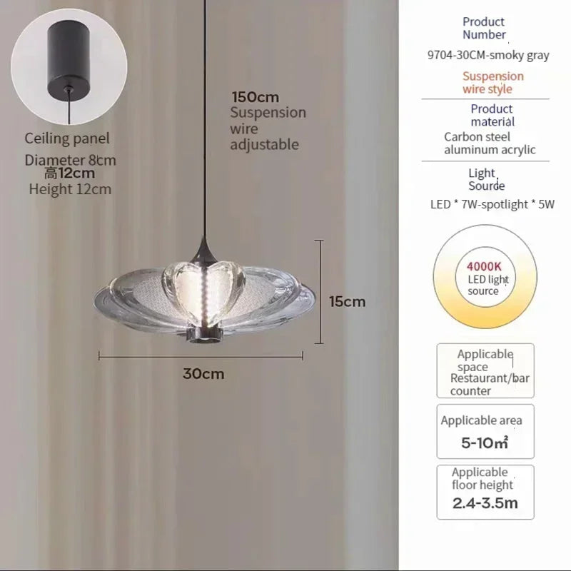 Pendant light with dimensions and specifications on a gray background