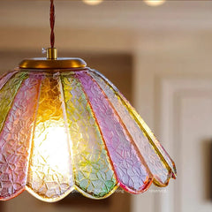 Colorful stained glass pendant light with a blurred background