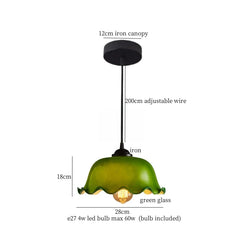 Green pendant lamp with measurements and details on a white background