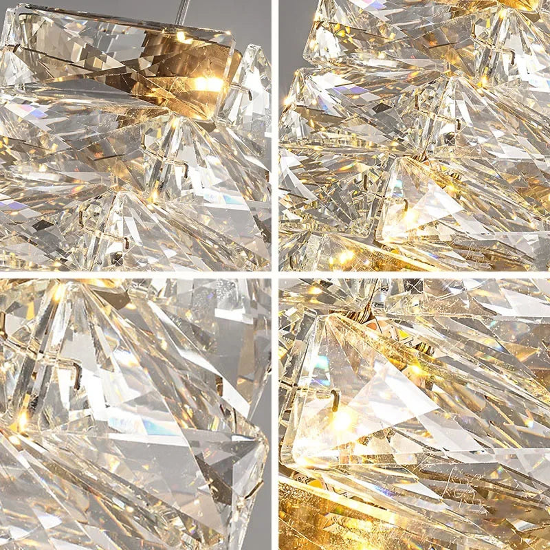 Close-up of a crystal chandelier with four different angles shown.
