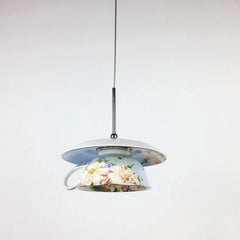 Gold Metal Frame Floral Ceramic Pendant Light with Green Leaf Accents