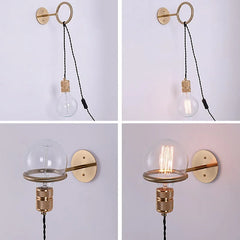Collage showing a gold ring wall light with clear glass globe in different orientations and lighting conditions.