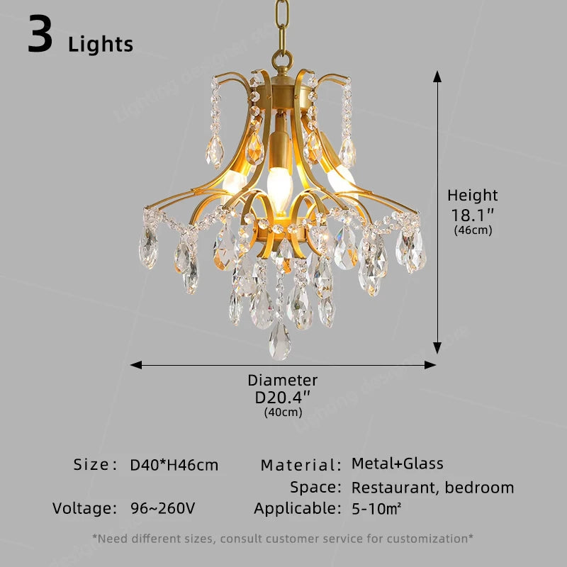 Gold chandelier with crystal accents and dimensions on a gray background