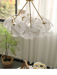 Woven Gold Pendant Light with Clear Petal Accents