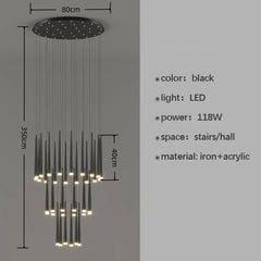 Black LED chandelier with dimensions and specifications on a gray background