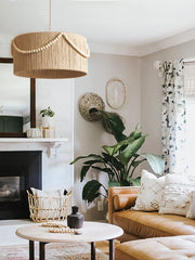 Jute Drum Pendant Light with Natural Wood Beads Accent