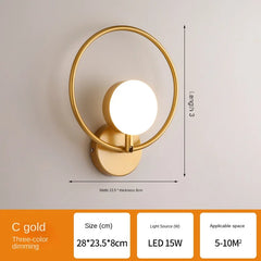 Gold wall lamp with dimensions and specifications on a light gray background