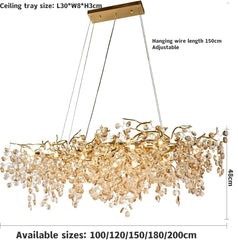 Chandelier with crystal details and adjustable hanging wire on a white background