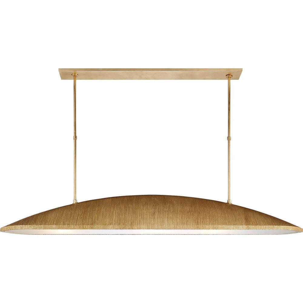 Wooden pendant light with brass fixtures on a white background