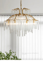 Gold Metal Waterfall Chandelier with Clear Glass Rods