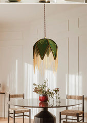 Yellow Floral Beaded Tassel Pendant Light with Scalloped Shade