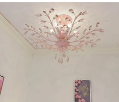 Pink Floral Crystal Semi-Flush Mount Ceiling Light with Branch Accents