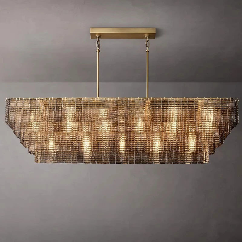 Rectangular chandelier with a textured design on a gray background