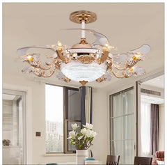 Gold Floral Fan Light with Clear Petal Shades and Rose Accents