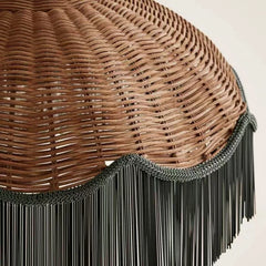 Woven Rattan Dome Pendant Light with Black Tassel Fringe