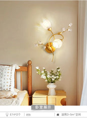 Gold Rose Bud Sconce with Frosted Glass Bell Shades & Crystal Accents