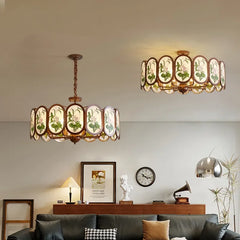 Bronze Chandelier with Frosted Glass and Green Leaf Floral Accents