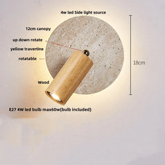 Wall-mounted light fixture with wooden shade and concrete base, labeled with features.