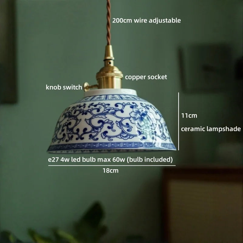 Ceramic lampshade with measurements and features labeled on a blurred background
