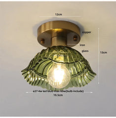 Ceiling light fixture with green glass shade and gold metal fixture, showing dimensions and bulb information.