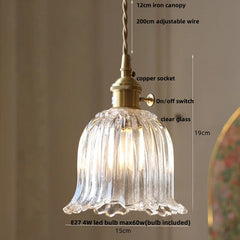 Glass pendant light with measurements and features labeled on a neutral background