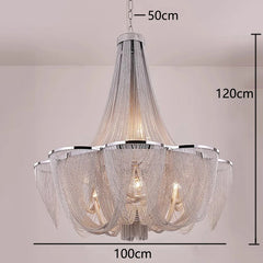 Chandelier with dimensions indicated on a plain background