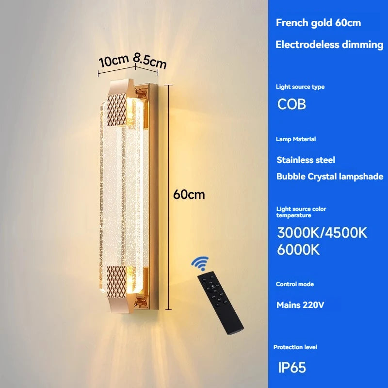 Wall-mounted light fixture with remote control, specifications on a blue background