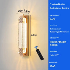 Wall-mounted light fixture with remote control, specifications on a blue background