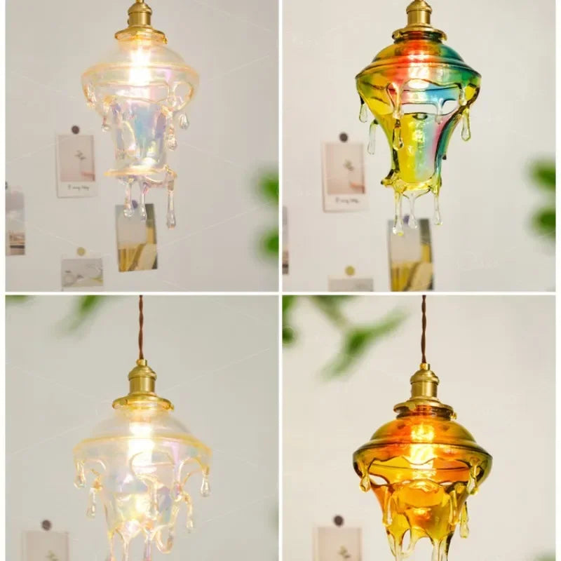 Collage of four images showing different glass droplet pendant lights in various colors and finishes.