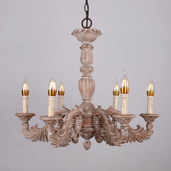 Distressed Wood Carved Leaf Candelabra Chandelier with Gold Accents