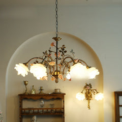 Brass Chandelier with Pink Rose Ceramic Buds and Frosted Glass Shades