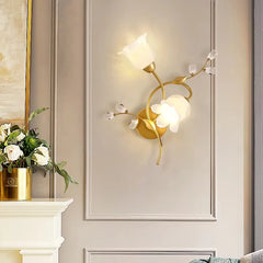 Gold Rose Bud Sconce with Frosted Glass Bell Shades & Crystal Accents