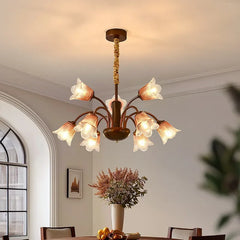 Bronze Floral Chandelier Pendant Light with Frosted Glass Bell Shades
