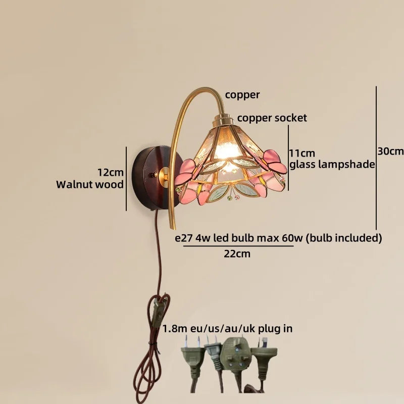 Wall lamp with dimensions and features labeled on a beige background