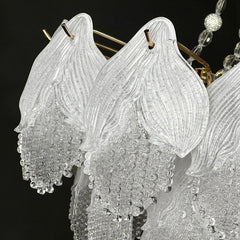 Frosted White Glass Leaf Tiered Chandelier with Crystal Accents