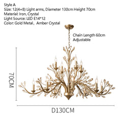 Brushed Gold Crystal Floral Chandelier Light Fixture
