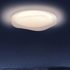 Close-up of the textured surface of a modern white LED flush mount ceiling light against a dark sky background.