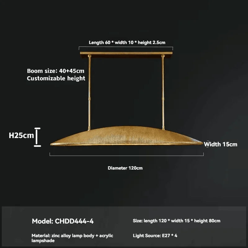 Measurement chart of a pendant light with dimensions and specifications on a dark background