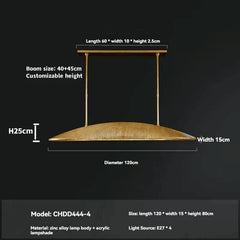 Measurement chart of a pendant light with dimensions and specifications on a dark background