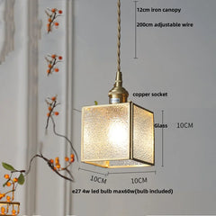 Pendant light with dimensions and bulb information labeled