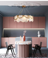 Gold Wave Chandelier with Clear Glass Disc Shades and Brass Accents
