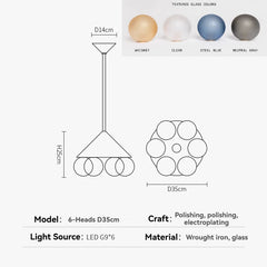 Technical drawing and color options for a pendant light fixture.
