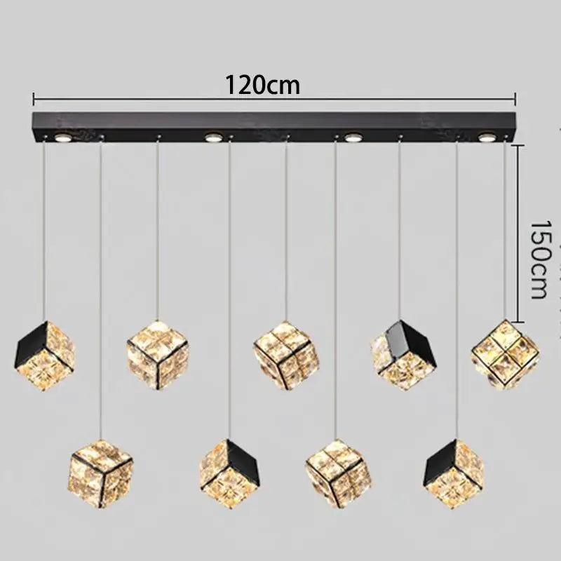 Chandelier with crystal cube lights and dimensions on a gray background